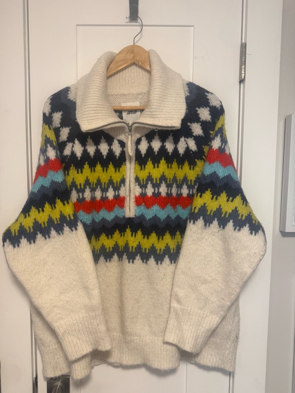 aerie Cream Half-Zip Sweater with Navy, Lime, Red & Sky Blue Fair Isle